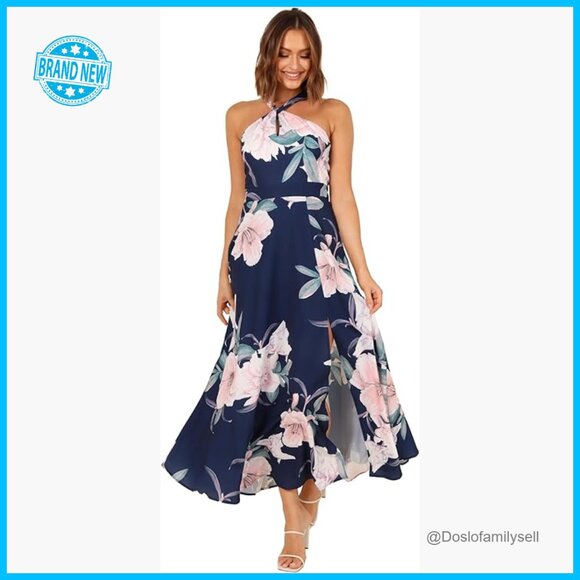 Maxi Halterneck Dress Elegant A-Line Formal Party Wear Front Cut Out